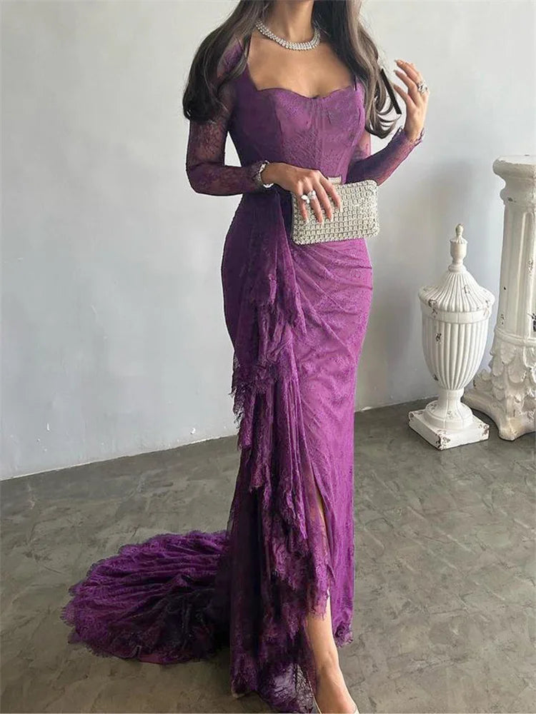 Elegant Lace Square Neck Long Sleeves Skinny Dress