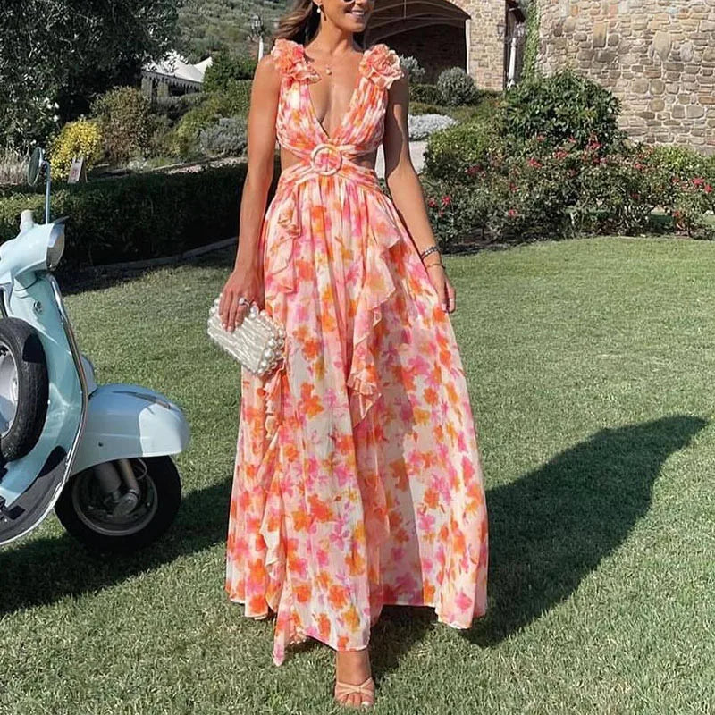 Elegant Floral Shoulder Deep V-neck Long Waist Ruffle Dress