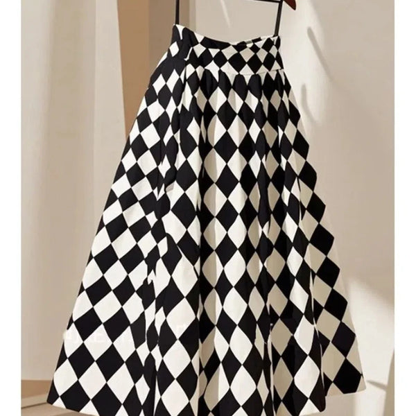 Umbrella Skirt High Waist Slim Black and White Diamond Dress