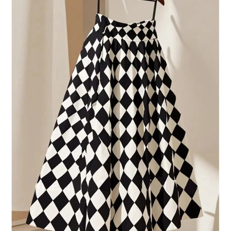 Umbrella Skirt High Waist Slim Black and White Diamond Dress