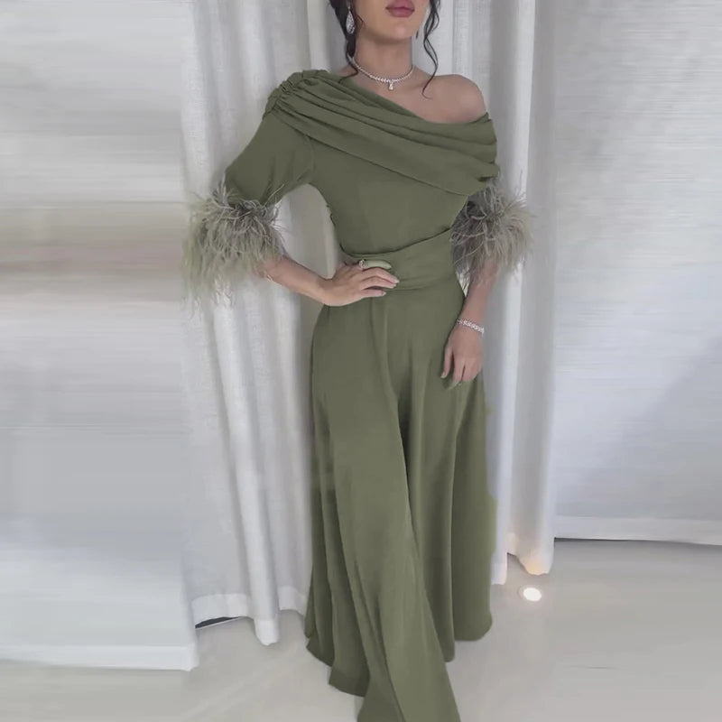 Slash Collar Patchwork Feather Romper Elegant High Waisted Wide Leg Jumpsuit