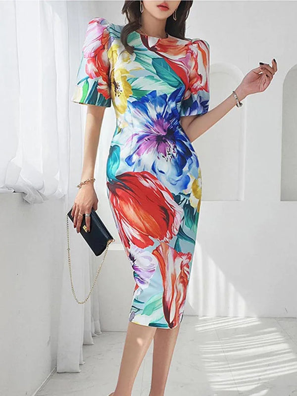 Bohemian Floral Printed Short Puff Sleeve Waisted Dress