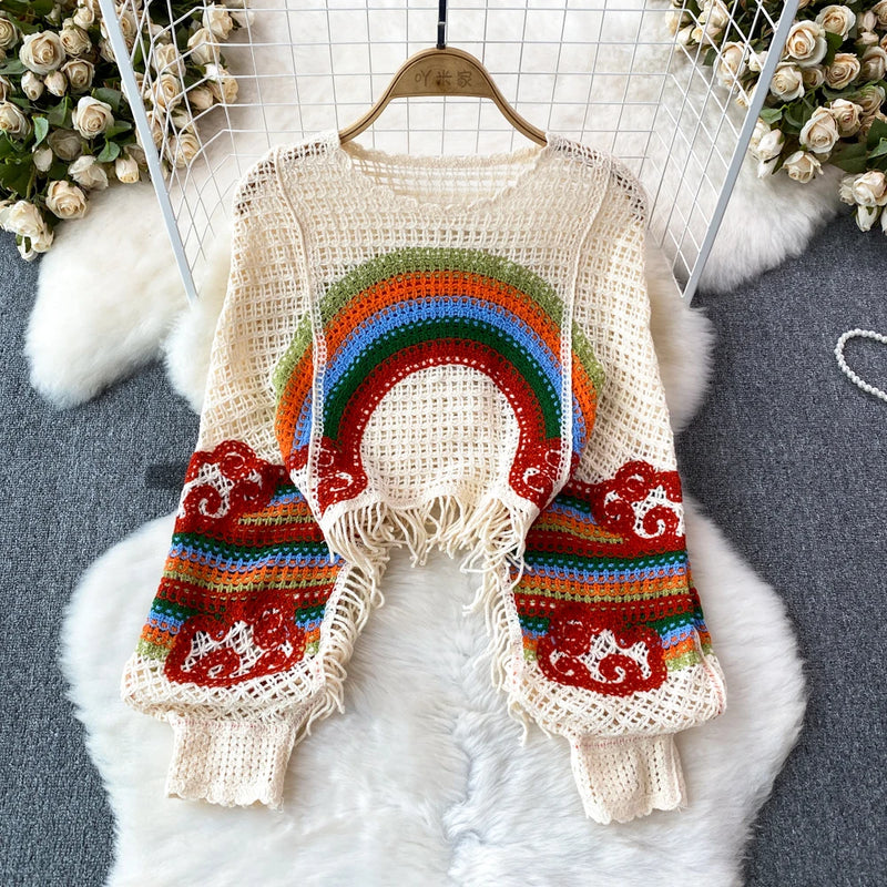 Embroidery Rainbow Crochet Top Sheer Openwork Pullover