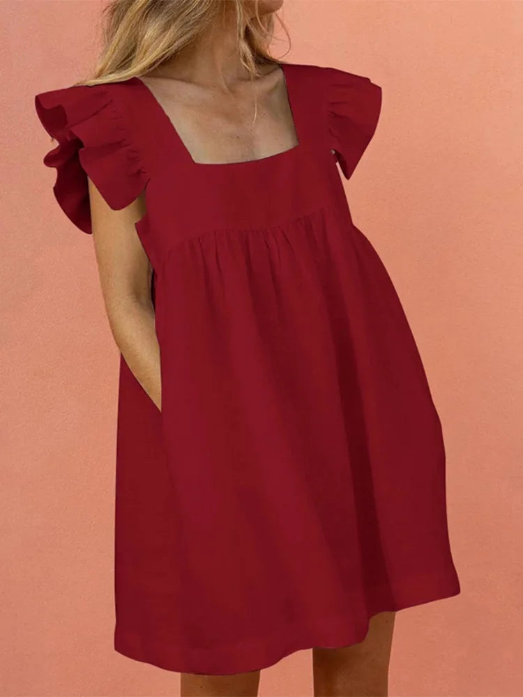 Elegant Butterfly Ruffled Summer Square Collar Pocket Dress