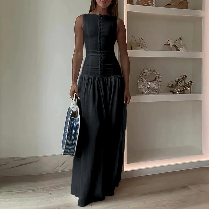 Summer Breasted Sleeveless Boat Neck Maxi Bodycon Casual Dress