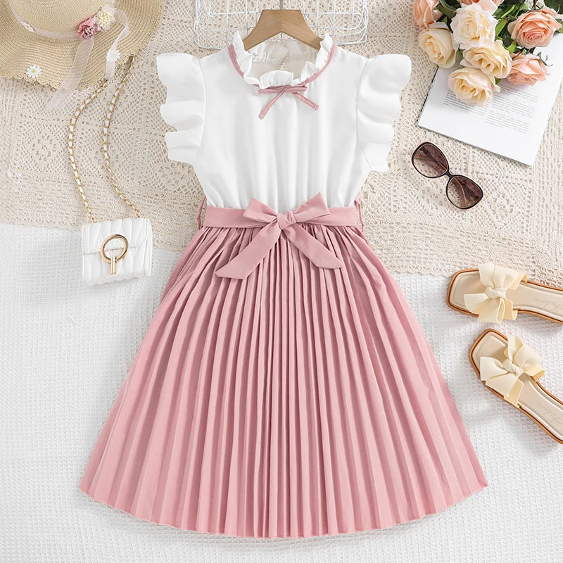 Elegant White Petal Sleeves Pleated Khaki Skirt &Bow tie Preppy