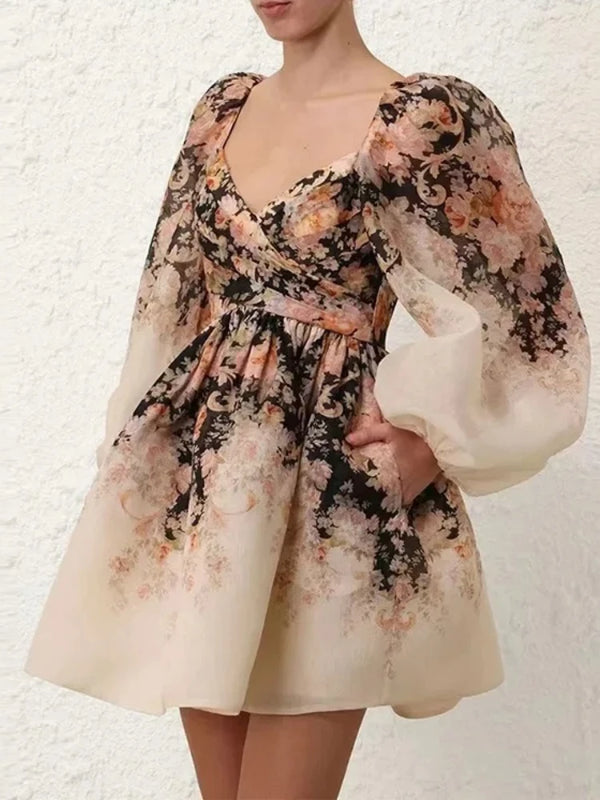 Floral Lantern Sleeve Short Autumn French Style Dress