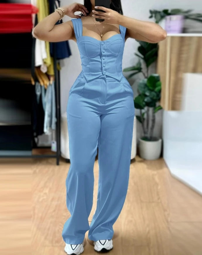 Two Piece Set V-Neck Sleeveless Vest Tank & Casual Wide Leg Pants