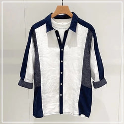 Lapel Contrasting Color Loose Casual Mid Sleeved Shirt