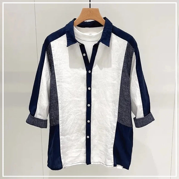 Lapel Contrasting Color Loose Casual Mid Sleeved Shirt