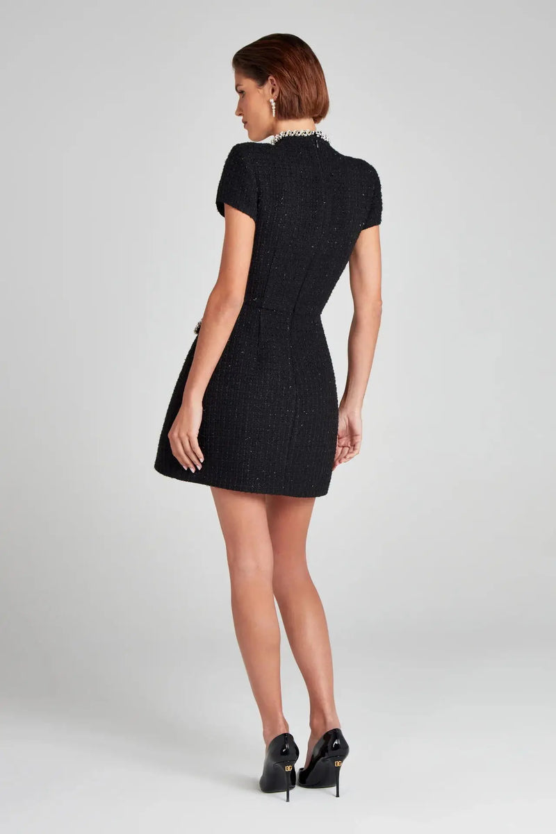 Elegant Tweed A-Line Slim Short Sleeve Retro O-Neck Patchwork Dress