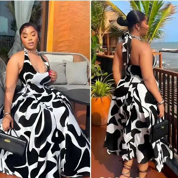 Printed Halter Neck Long Zebra Sexy Dress