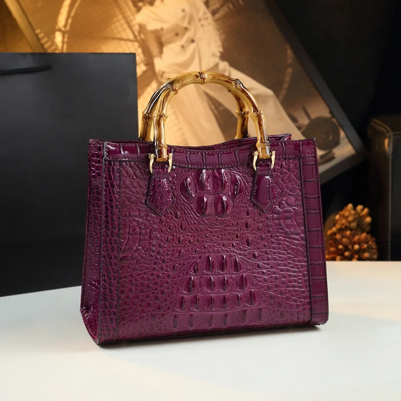 Leather Real Bamboo Crocodile Pattern Handbag