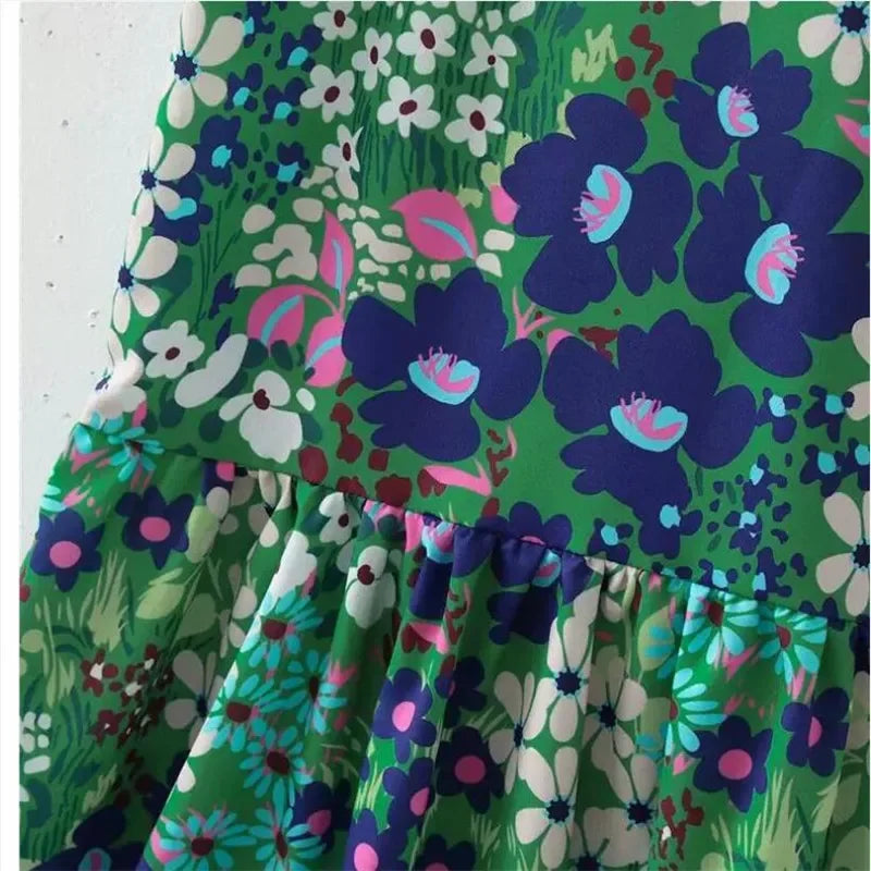 Vintage Flower Puff Sleeve High Waist Long Calf Elegant Dress