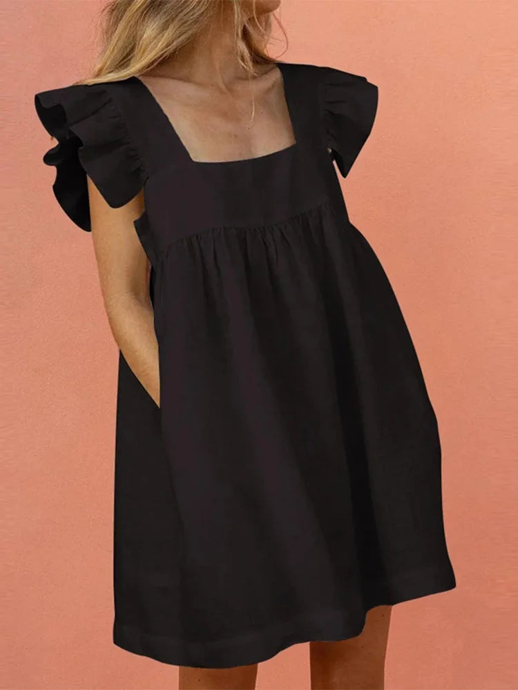 Elegant Butterfly Ruffled Summer Square Collar Pocket Dress
