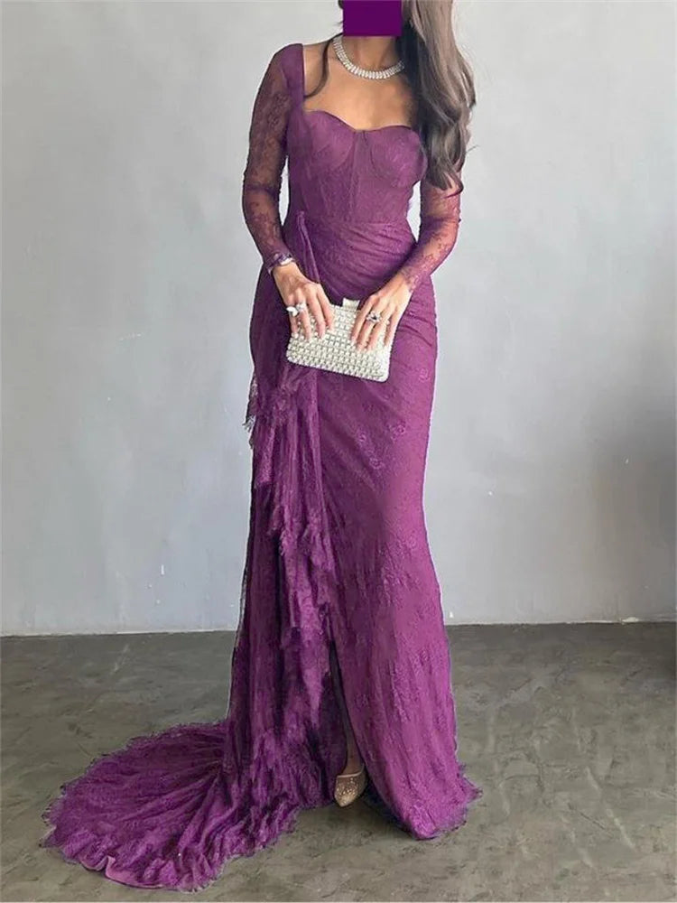 Elegant Lace Square Neck Long Sleeves Skinny Dress