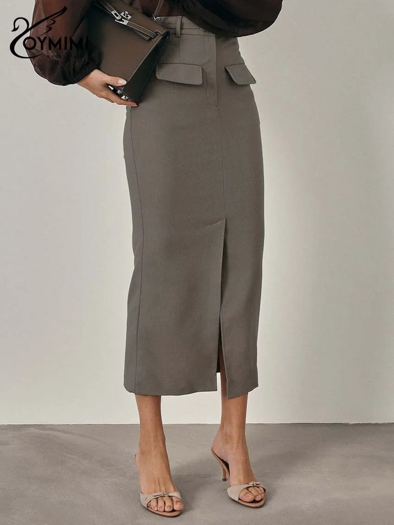 Elegant High Waisted Zipper Casual Pocket Straight Mid-Calf Skirt