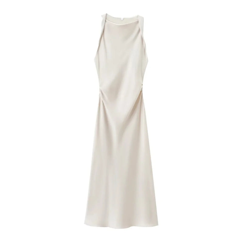 slim fit sleeveless silk satin dress
