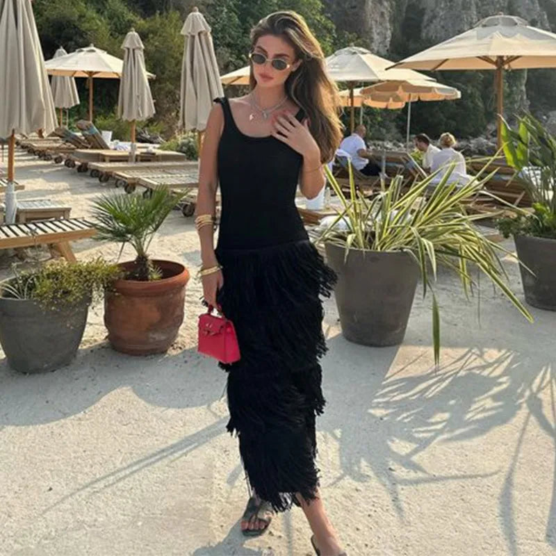 Knitted High Waisted Sleeveless Tassel  Elegant Dress