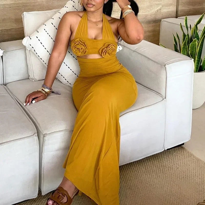 Sweet Fresh Halter Neck Floral High-Waisted Long Dress