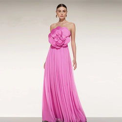 Strapless Soft Chiffon Long Party Dress with Handmade Flower