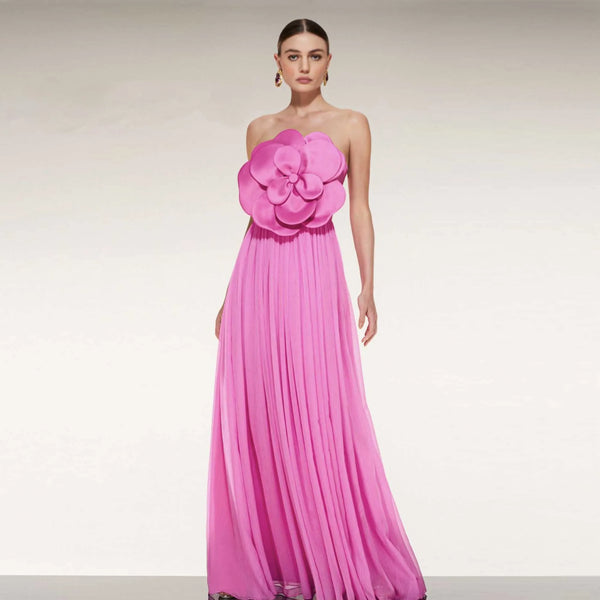 Strapless Soft Chiffon Long Party Dress with Handmade Flower