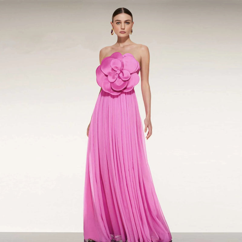 Strapless Soft Chiffon Long Party Dress with Handmade Flower