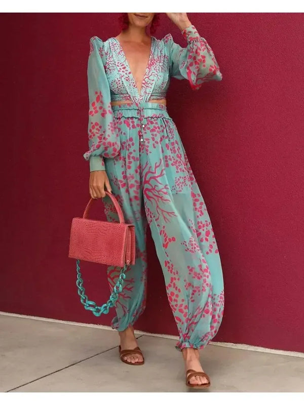 Elegant V-Neck Long Sleeve Loose Pocket Rompers Wide Leg Pant