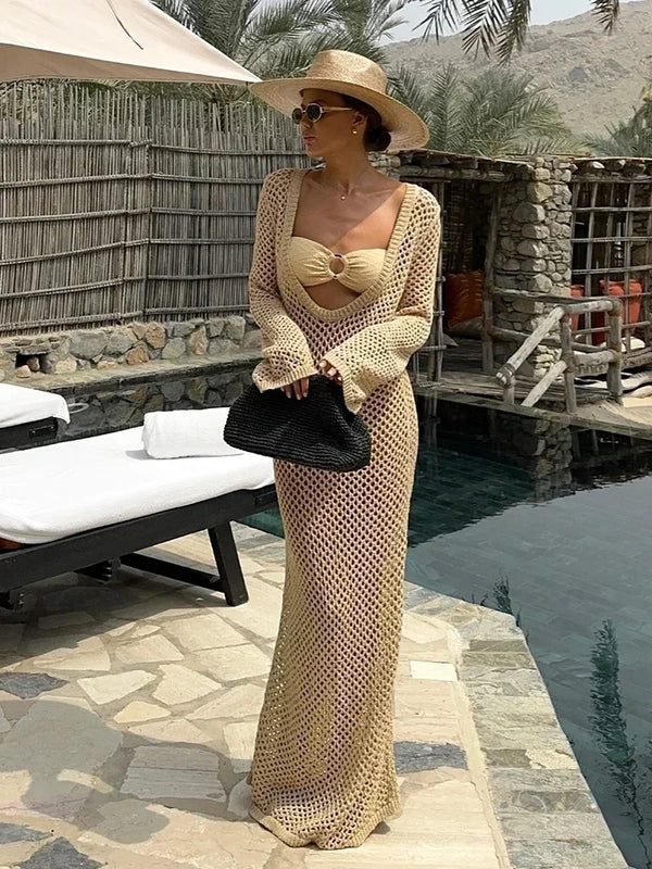 Sexy U-neck Bell Sleeve Knit Swimwear Bikinis Cover-ups