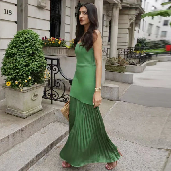 Elegant Green Pleated Knit Long O-Neck Sleeveless Dress