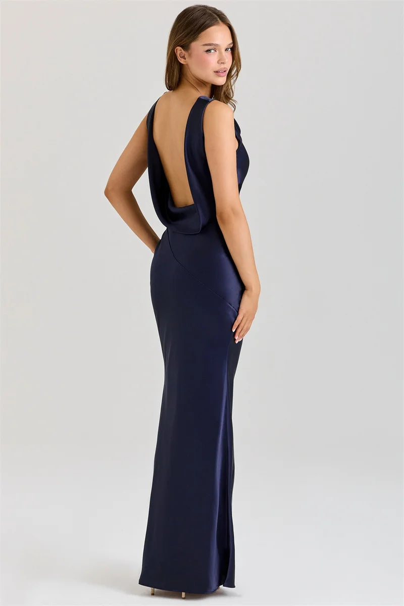 Satin Backless Draped Cowl Neck Sleeveless High Waist Long Dress