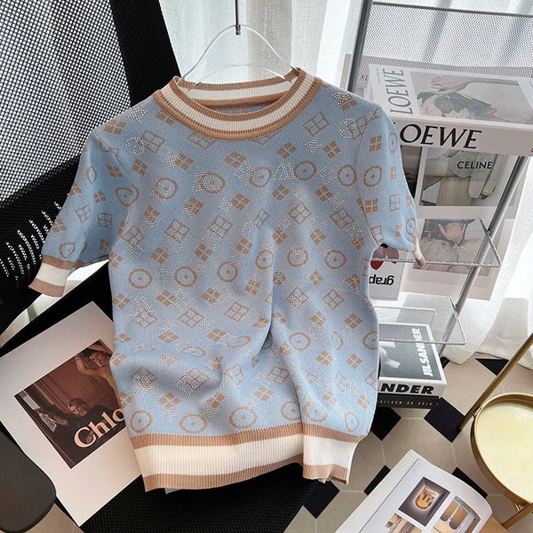 Summer Short Sleeve Knit Glitter Stones T-Shirt