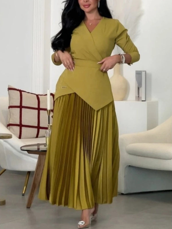 Elegant V Neck Three Quarter Sleeves Patchwork A Line Dress