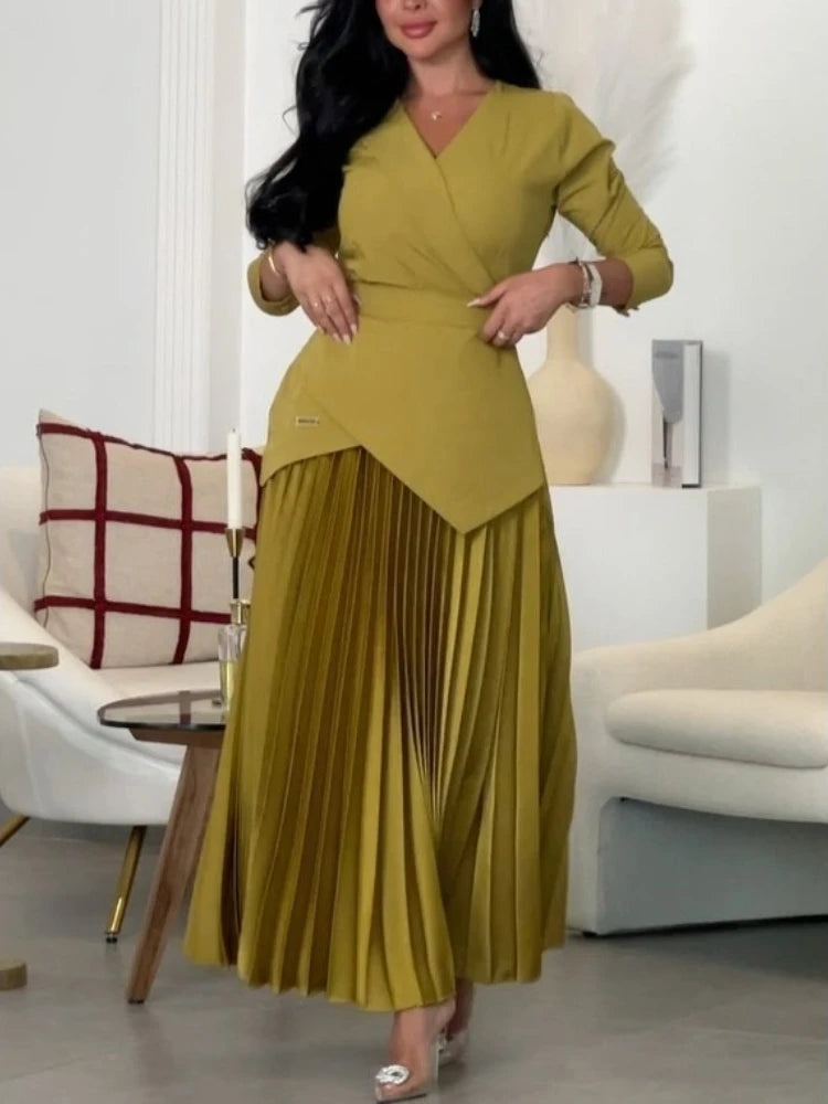 Elegant V Neck Three Quarter Sleeves Patchwork A Line Dress