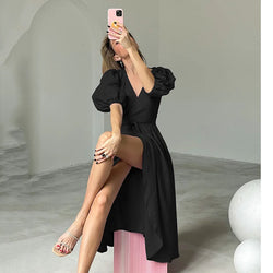 100% Cotton V Neck Elegant French High Waist Slim Dress