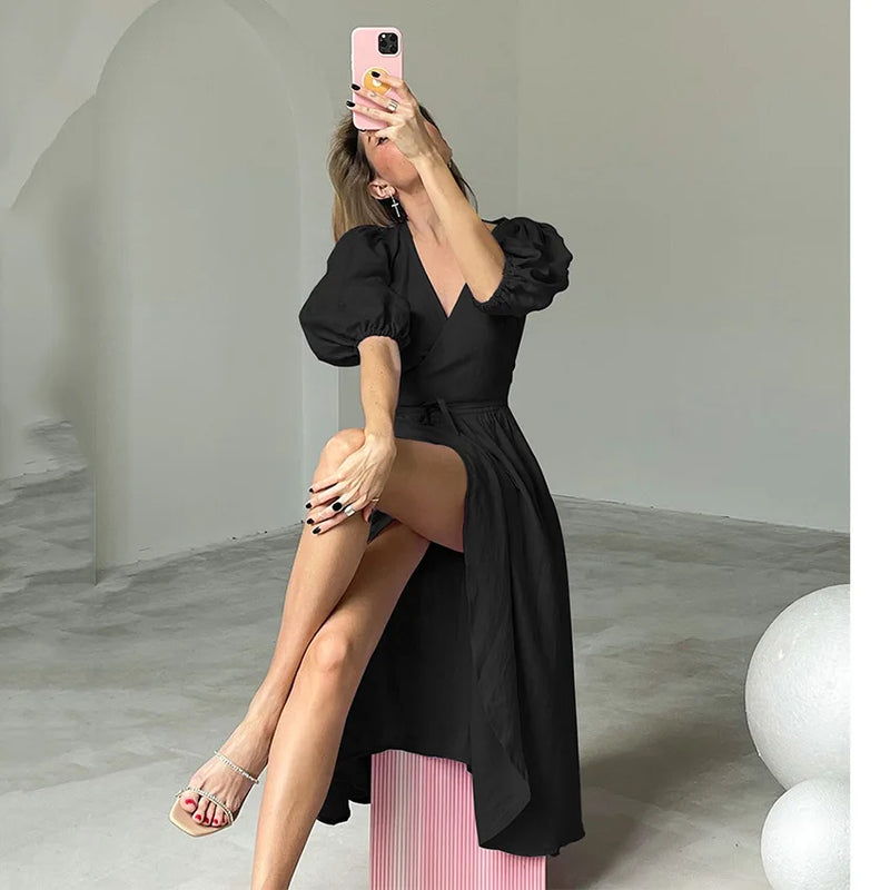 100% Cotton V Neck Elegant French High Waist Slim Dress