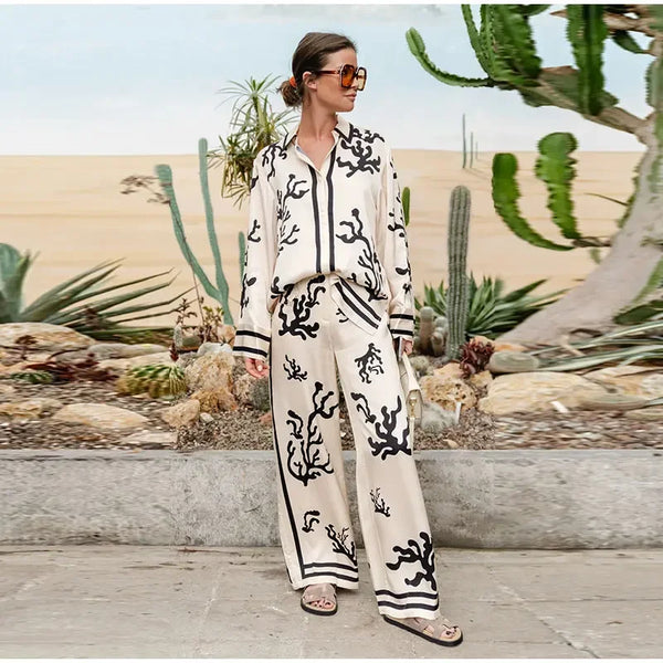 Casual Lapel Long Sleeve Blouse Wide Leg Trousers