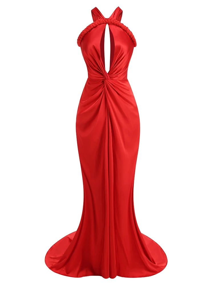 Asymmetrical Straps Maxi Red Sleeveless Backless Dress