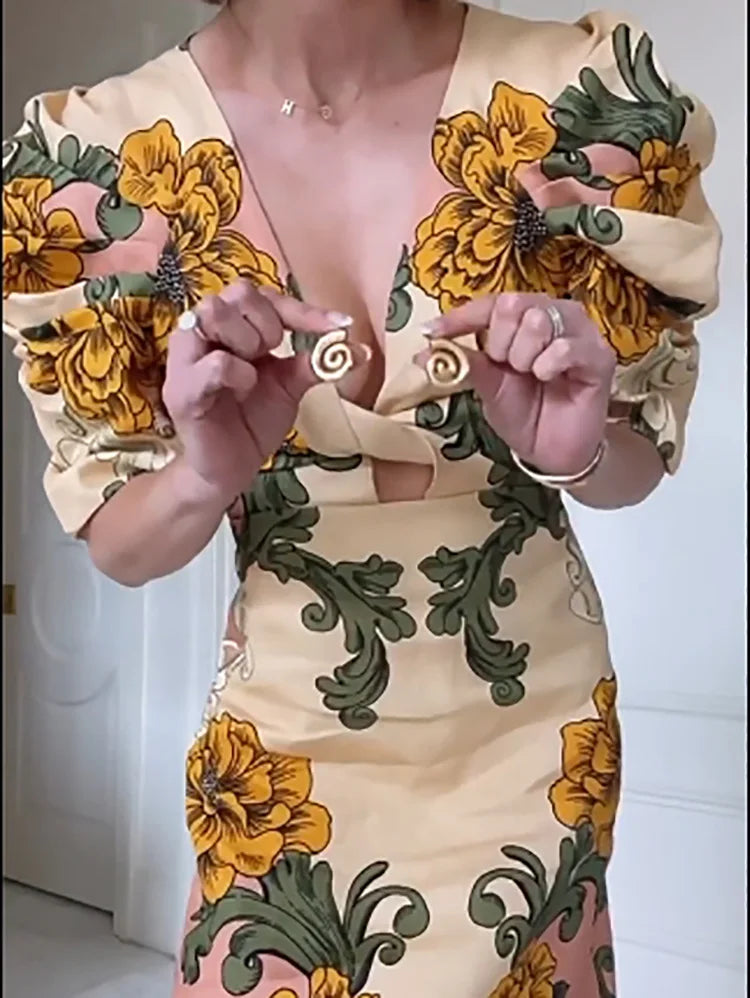 Retro Floral V Neck Hollow Draped Half Puff Sleeve Bohemian Dress
