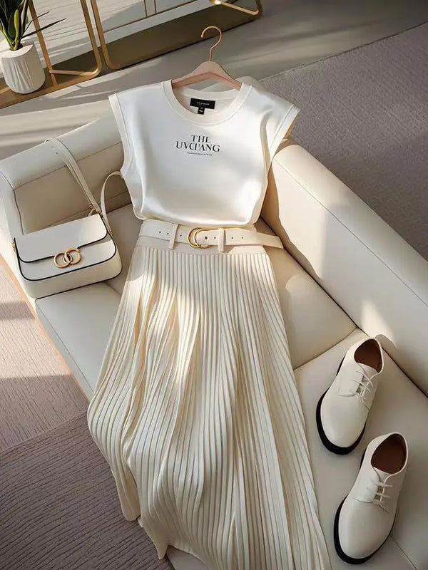 O-neck Sleeveless Letter Camisole T-shirt + A-line Pleated Skirt