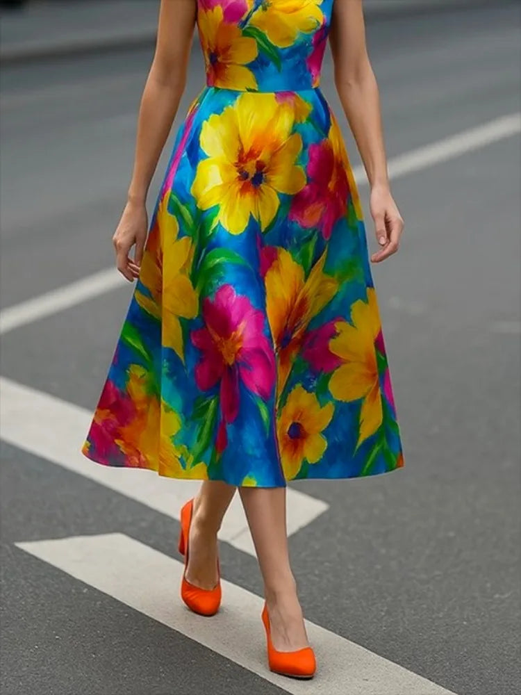 British Floral Printed Sleeveless A-line Dress