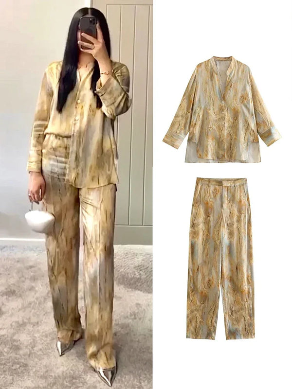 Women's Shirt and Pants Set Process Tie Dyed Silk Satin