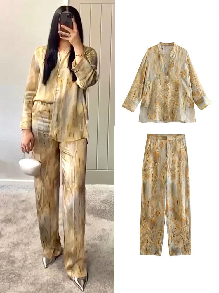 Women's Shirt and Pants Set Process Tie Dyed Silk Satin