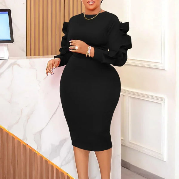 Elegant Long Lace Sleeve Peplum Knee Length Dress