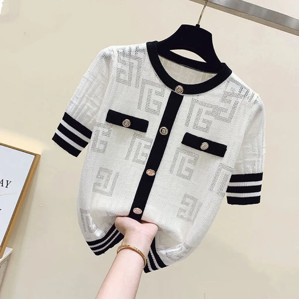 Short Sleeve Knitting Geometric Thin O-neck Pullover Top Tee