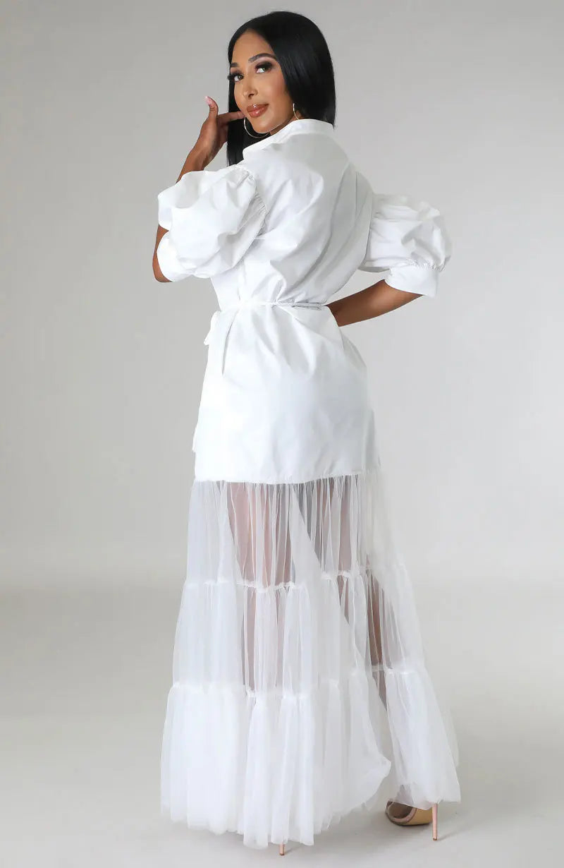 Elegant White Lace Shirt Short Sleeve Lace-up Pocket Lace Long Dress