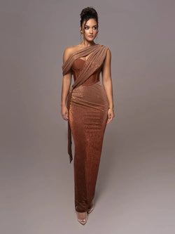 One Shoulder Draped Glitter Corset Sparkly Backless Bodycon Dress