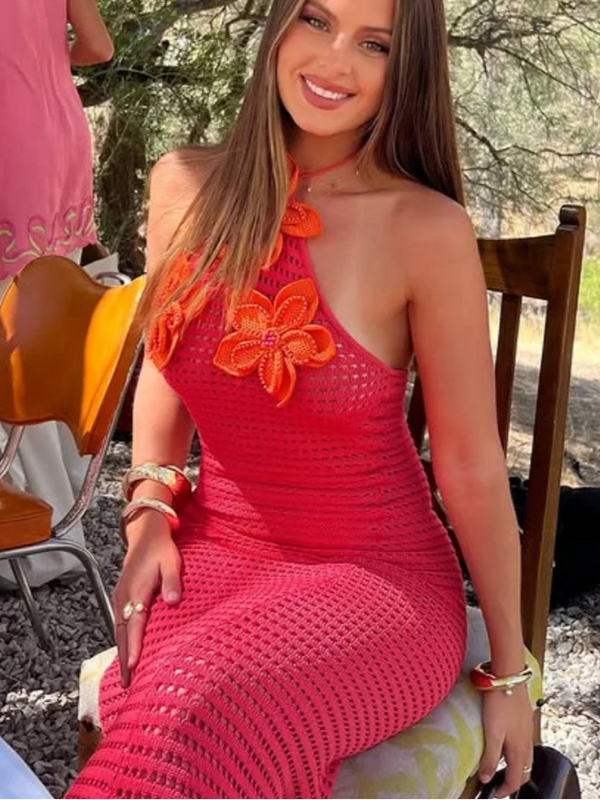 Crochet Hollow 3D Flower Backless Sleeveless Dress