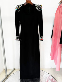 Sleeve Diamonds Rhinestone Beaded Long Dress