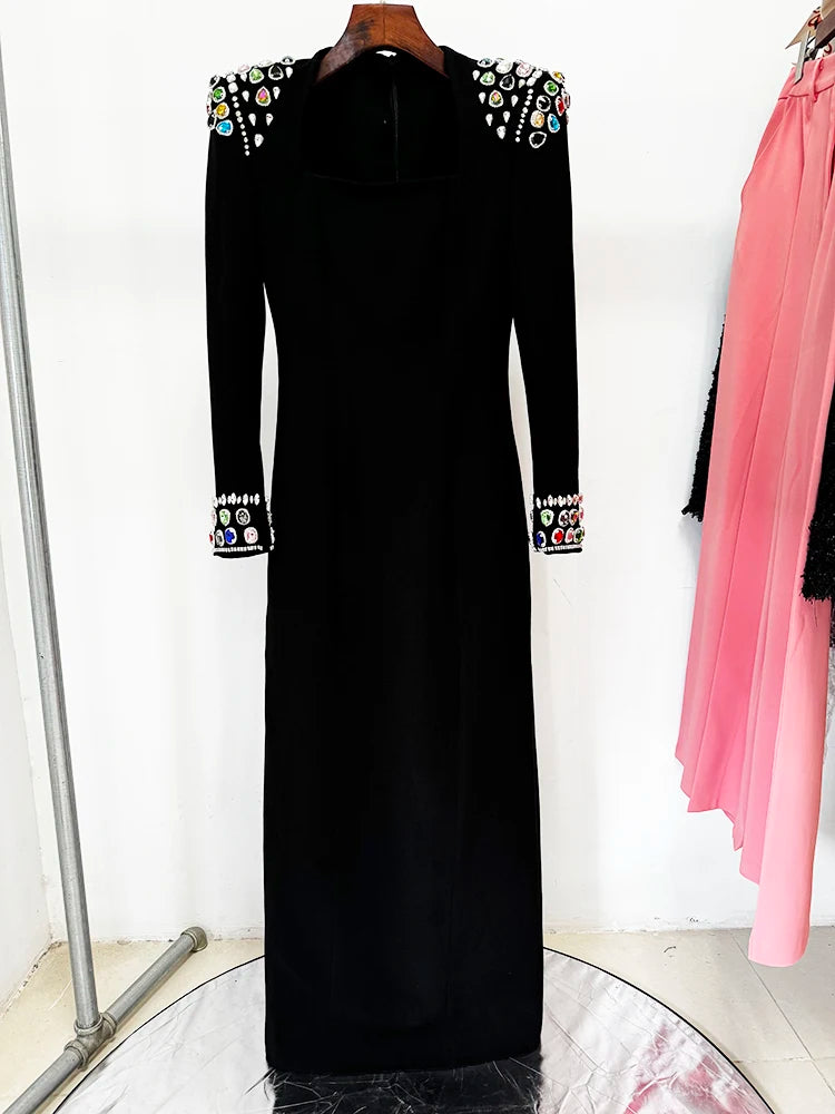 Sleeve Diamonds Rhinestone Beaded Long Dress